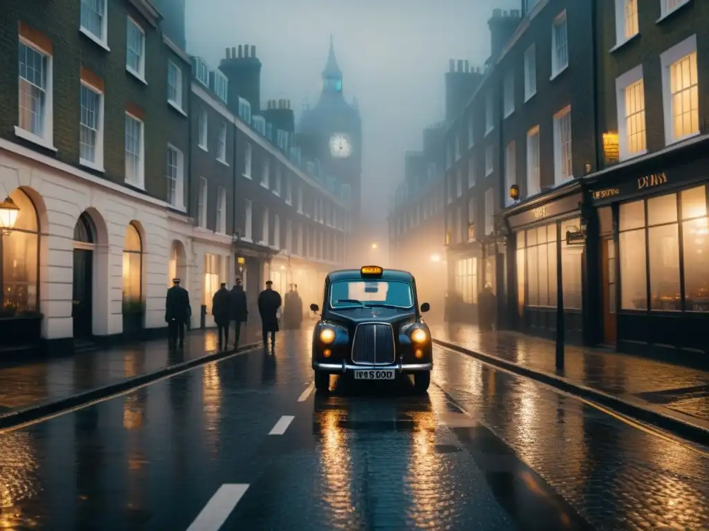 Un Londres misterioso y cinematográfico: un taxi negro clásico bajo una farola en una calle empedrada, reflejando luz tenue