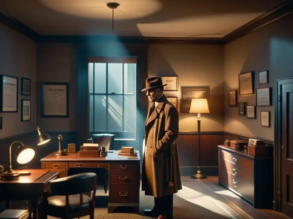 El misterioso despacho de un detective, con artículos de colección Sherlock detectives, ambientado en el clásico estilo Film Noir