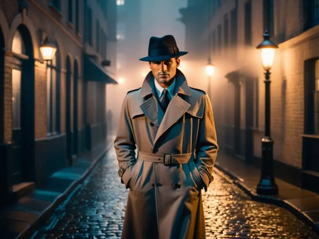 Intrigante detective en la oscuridad de la ciudad Un misterioso detective en abrigo y sombrero de ala ancha bajo la luz de la calle en una ciudad neblinosa