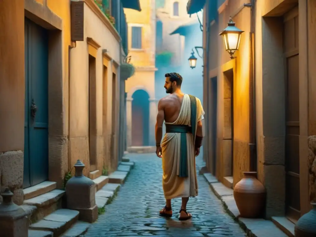 Un misterioso detective en la Roma antigua, bajo una lámpara de gas
