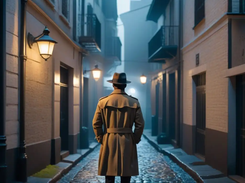 Un misterioso detective en blanco y negro bajo la luz de la calle, refleja la estética del cine Noir