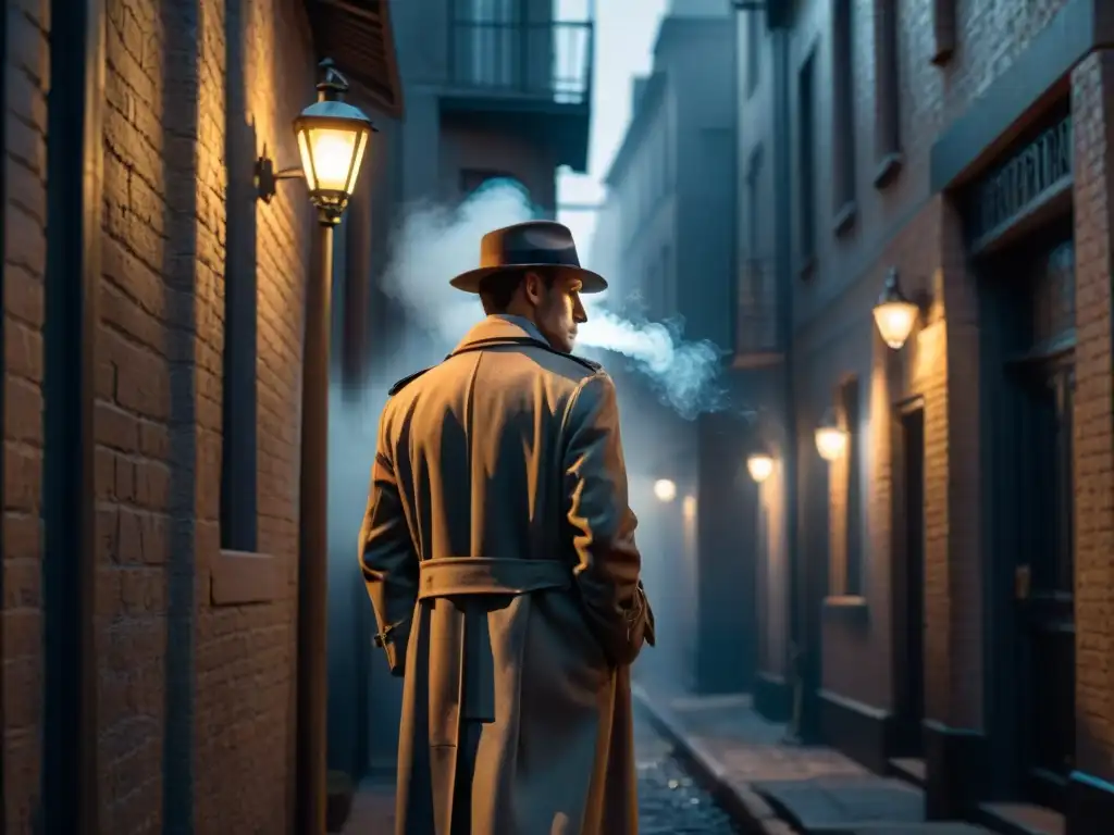 Un misterioso detective en blanco y negro fumando en un callejón, evocando el ambiente clásico del cine negro