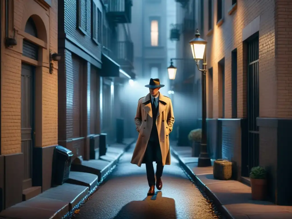 Un misterioso detective en una calle oscura de la ciudad, evocando el icónico cine y televisión detectives icónicos