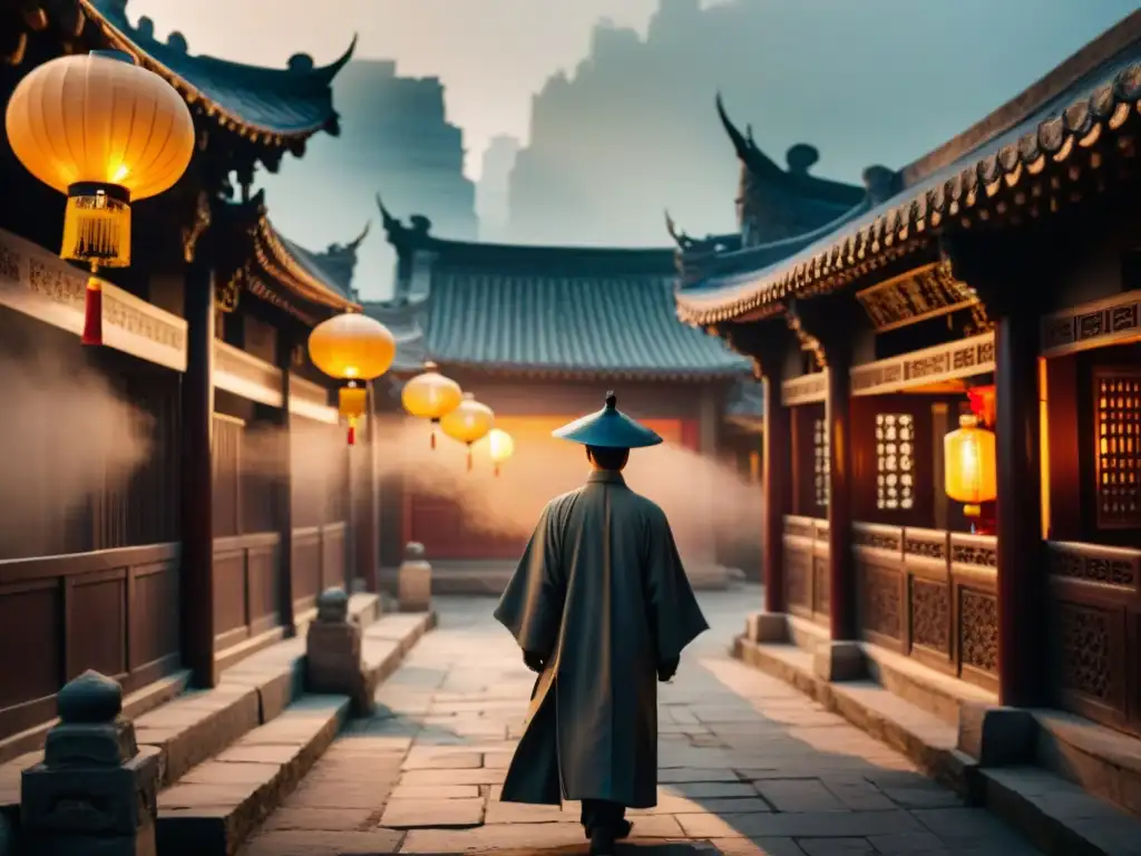 Intriga en Callejón de la China Antigua Un misterioso detective en un callejón de la antigua China, con linternas iluminando la arquitectura tradicional