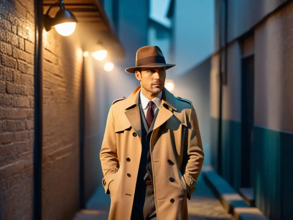 Un misterioso detective en un callejón iluminado por una farola, evocando el estilo del cine negro