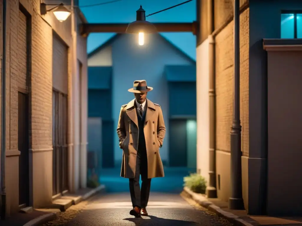 Un misterioso detective en un callejón iluminado por una farola vintage, con un dron captando la escena