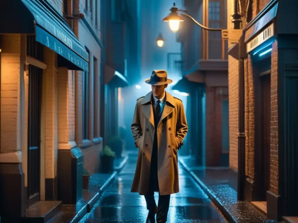 Un misterioso detective fumando en un callejón lluvioso de noche, evocando el ambiente clásico de Film Noir