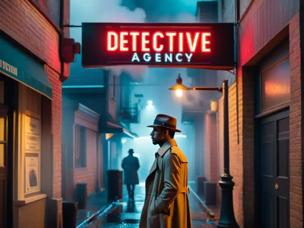 Alleyway de Misterio: Flashbacks en Noir Un misterioso detective en un callejón lluvioso, humo de su cigarrillo se mezcla con la niebla