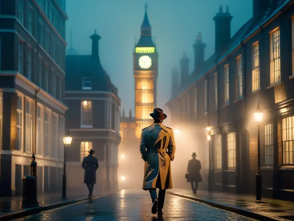 Un misterioso detective en un callejón londinense, bajo la luz de una farola vintage