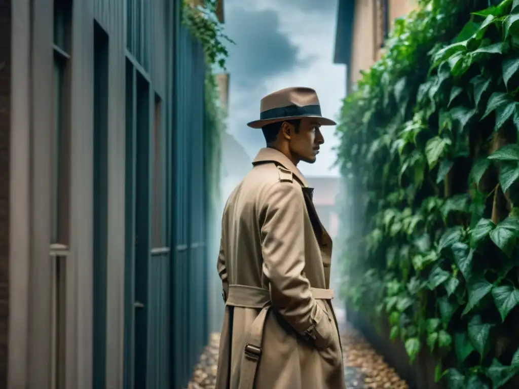 Un misterioso detective en un callejón con luces tenues, un edificio sombrío y una luna llena