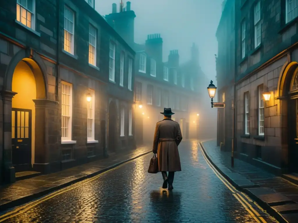 Un misterioso detective en un callejón neblinoso de Edimburgo, Escocia