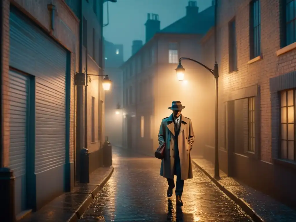 Un misterioso detective en un callejón neblinoso de noche, bajo la luz de una farola vintage