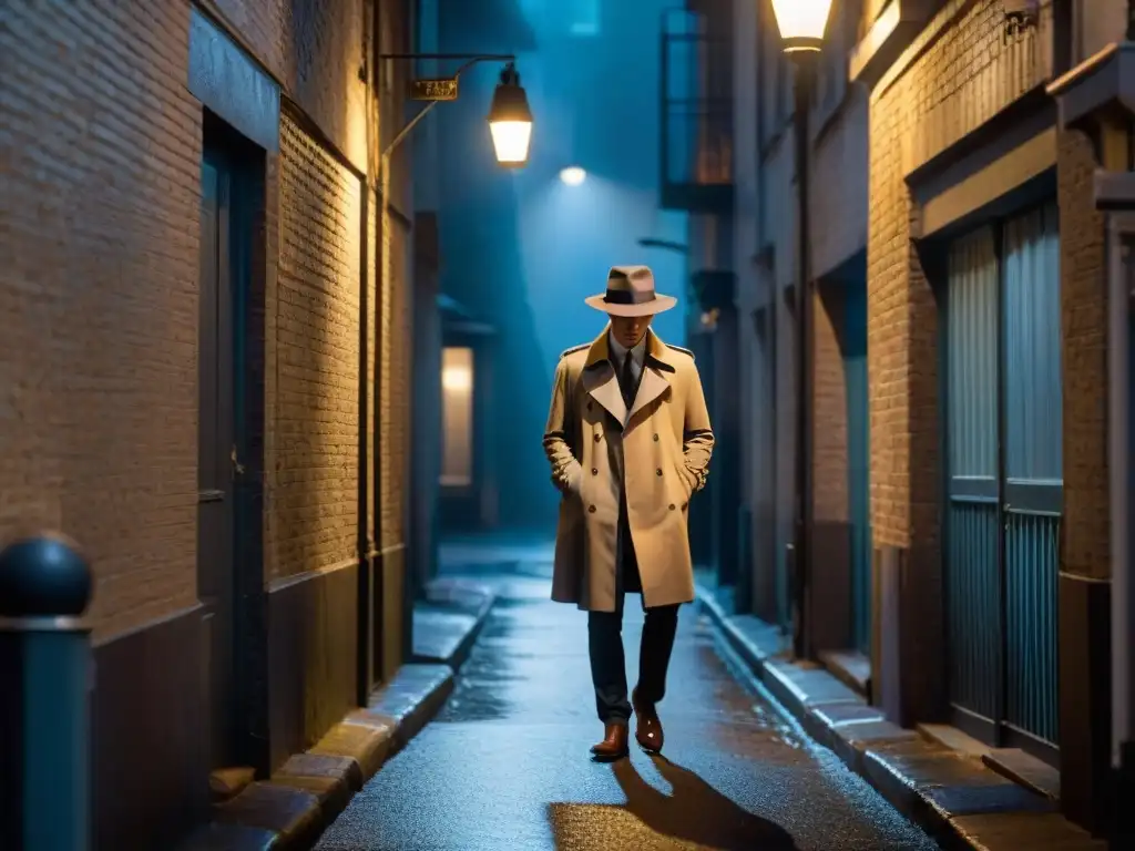 Un misterioso detective en un callejón nocturno, bajo la luz de una farola