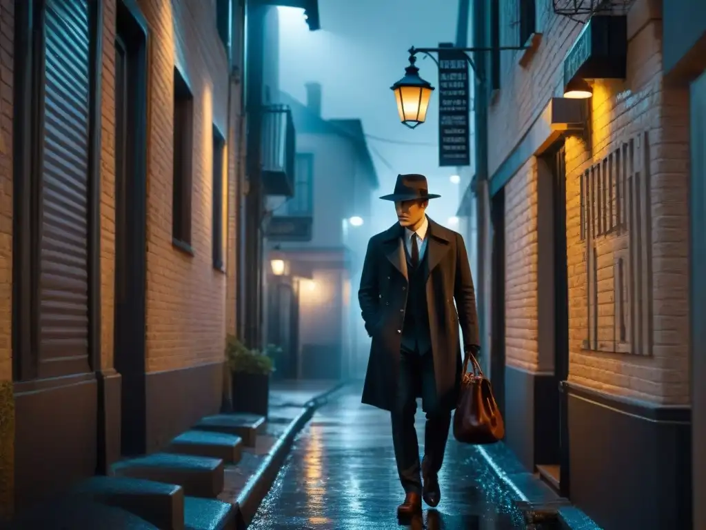 Un misterioso detective en un callejón nocturno, bajo la luz de una farola, en blanco y negro