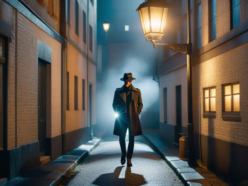 Un misterioso detective en un callejón nocturno, iluminado por una tenue luz de farola