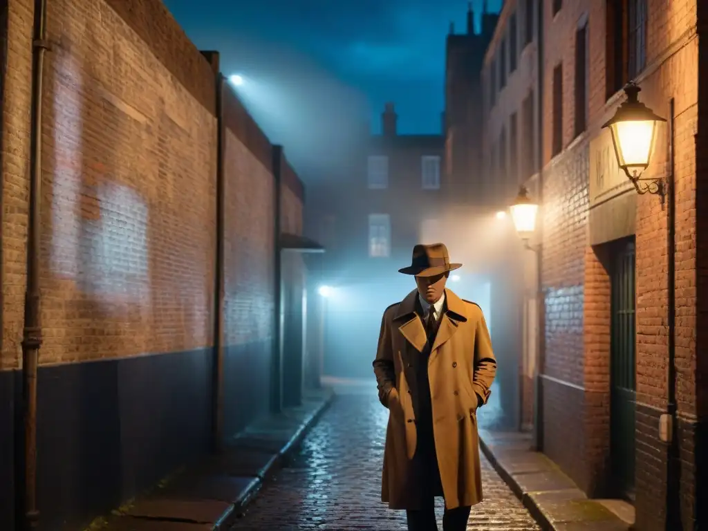 Un misterioso detective en un callejón nocturno, bajo la luz de la farola