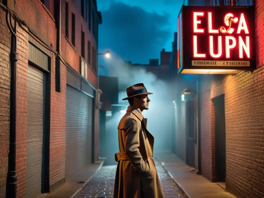 Un misterioso detective en un callejón nocturno con póster de 'Arsène Lupin: El ladrón caballero', evocando el género detectivesco en medios