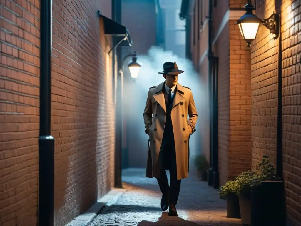 Intrigante detective en callejón oscuro Un misterioso detective en un callejón oscuro, sombrero y gabardina bajo la luz de una farola titilante