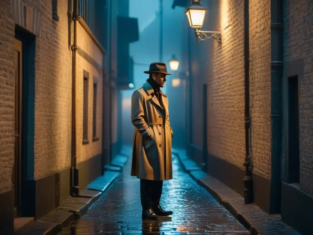 Un misterioso detective en un callejón oscuro, reflejando el brillo de la luz en las adoquinadas calles mojadas