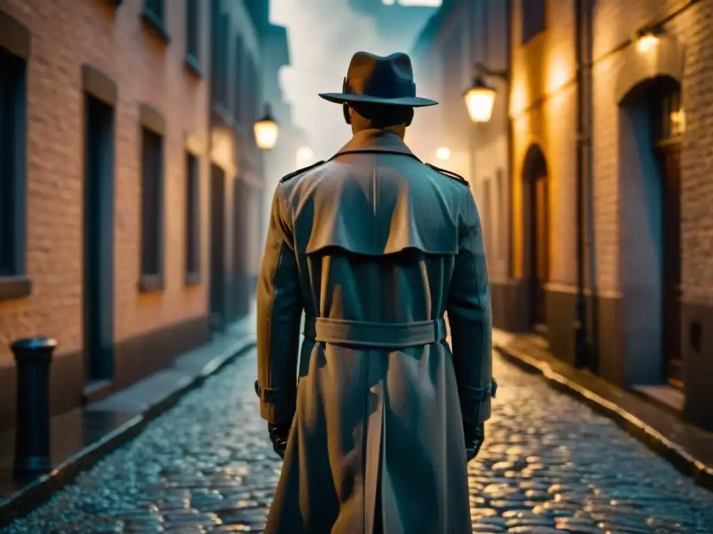 Un misterioso detective en un callejón oscuro iluminado por una tenue farola, evocando intriga y peligro al estilo Film Noir