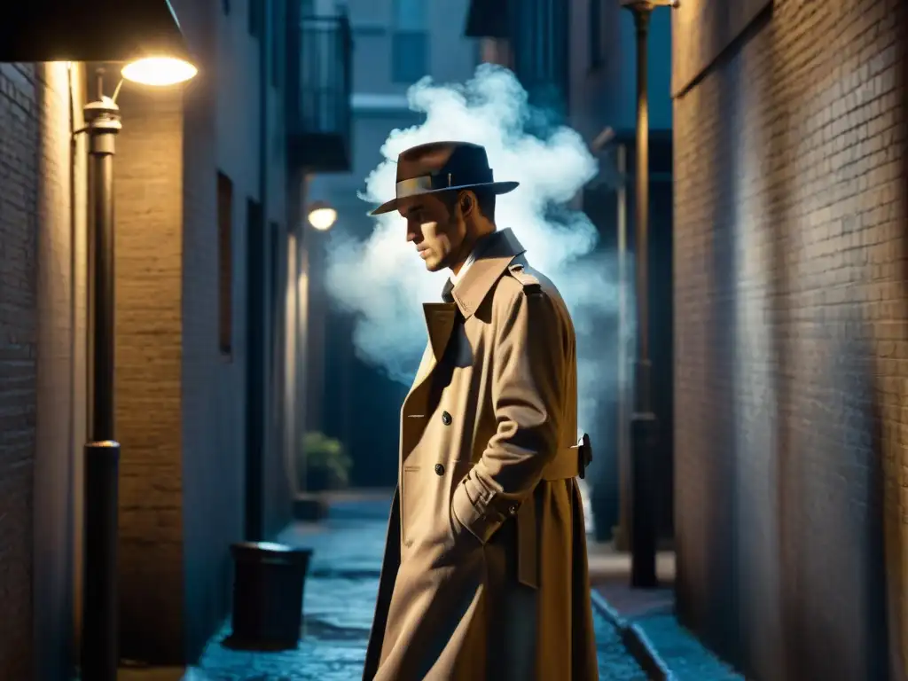 Un misterioso detective en un callejón oscuro bajo una farola titilante, con un abrigo largo y sombrero, rodeado de humo