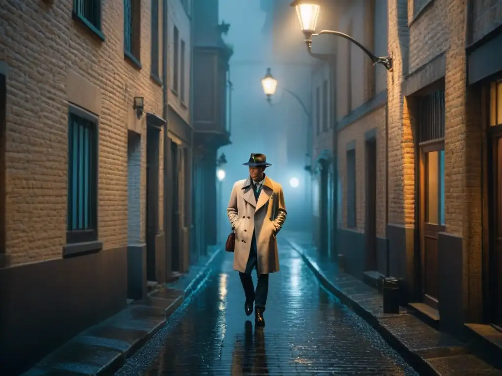 Un misterioso detective fumando en un callejón oscuro bajo la lluvia, evocando diálogos clave resolución misterios