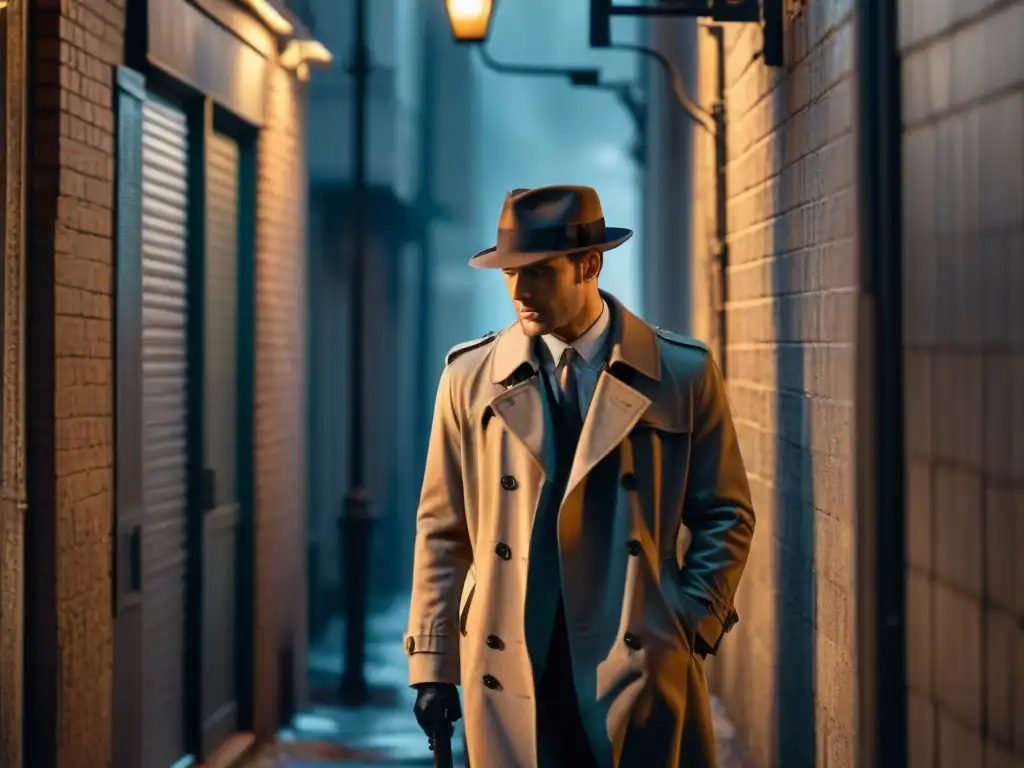 Alleyway misterioso con figura en sombras Un misterioso detective en un callejón oscuro, evocando la estética del cine negro