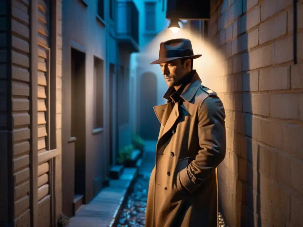 Figura misteriosa en callejón oscuro: atmósfera de Film Noir Un misterioso detective en un callejón oscuro iluminado por una tenue luz de farola, en ambiente de Noir clásico detectives análisis