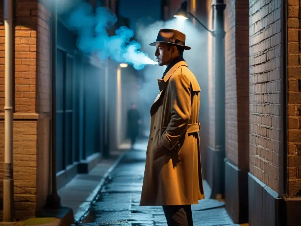 Un misterioso detective fumando en un callejón oscuro iluminado por una farola, evocando el ambiente de la serie Mindhunter