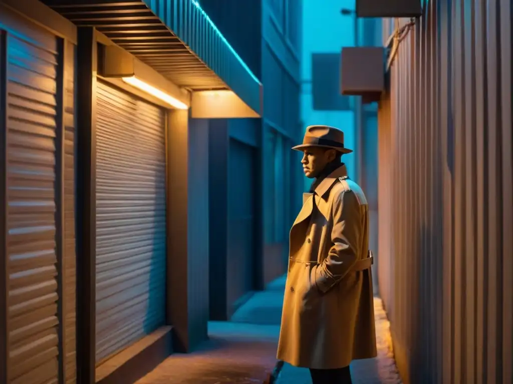 Un misterioso detective en un callejón oscuro, iluminado por un letrero de neón