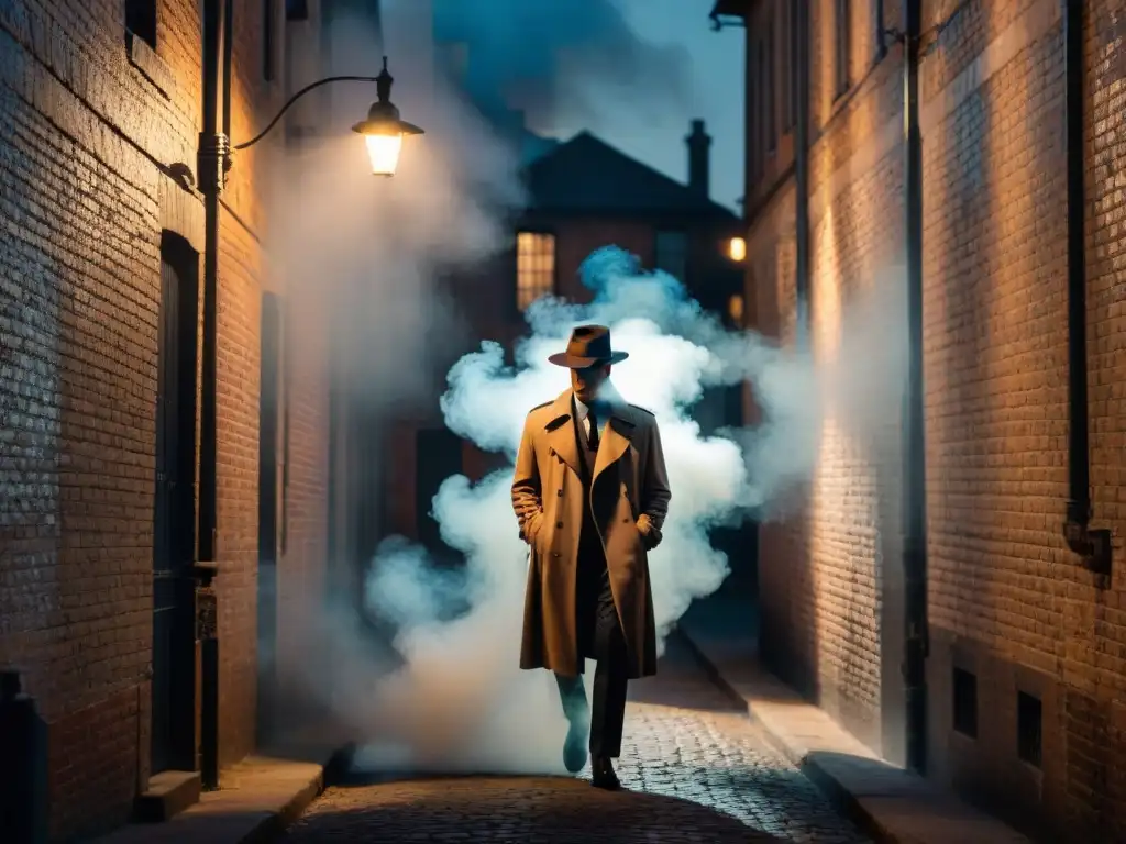 Noir urbano: misterio y sombras en callejón oscuro Un misterioso detective en un callejón oscuro, bajo una farola titilante, rodeado de humo