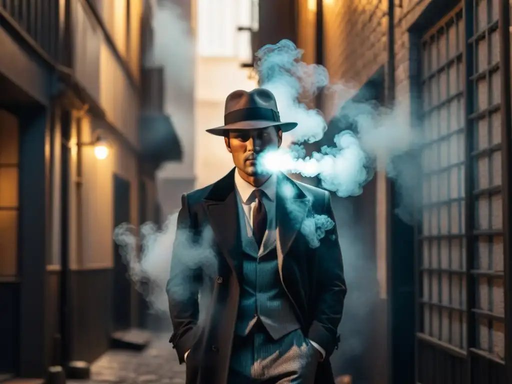 Un misterioso detective en un callejón oscuro, con sombrero y rodeado de humo de cigarrillo