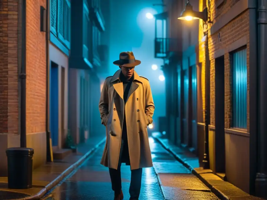 Un misterioso detective en un callejón oscuro bajo la luz de la farola, reflejos de la ciudad