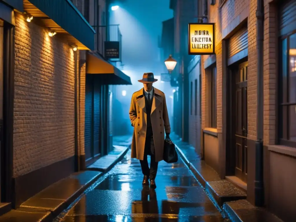 Un misterioso detective en un callejón oscuro iluminado por una farola, evocando el ambiente de cine negro