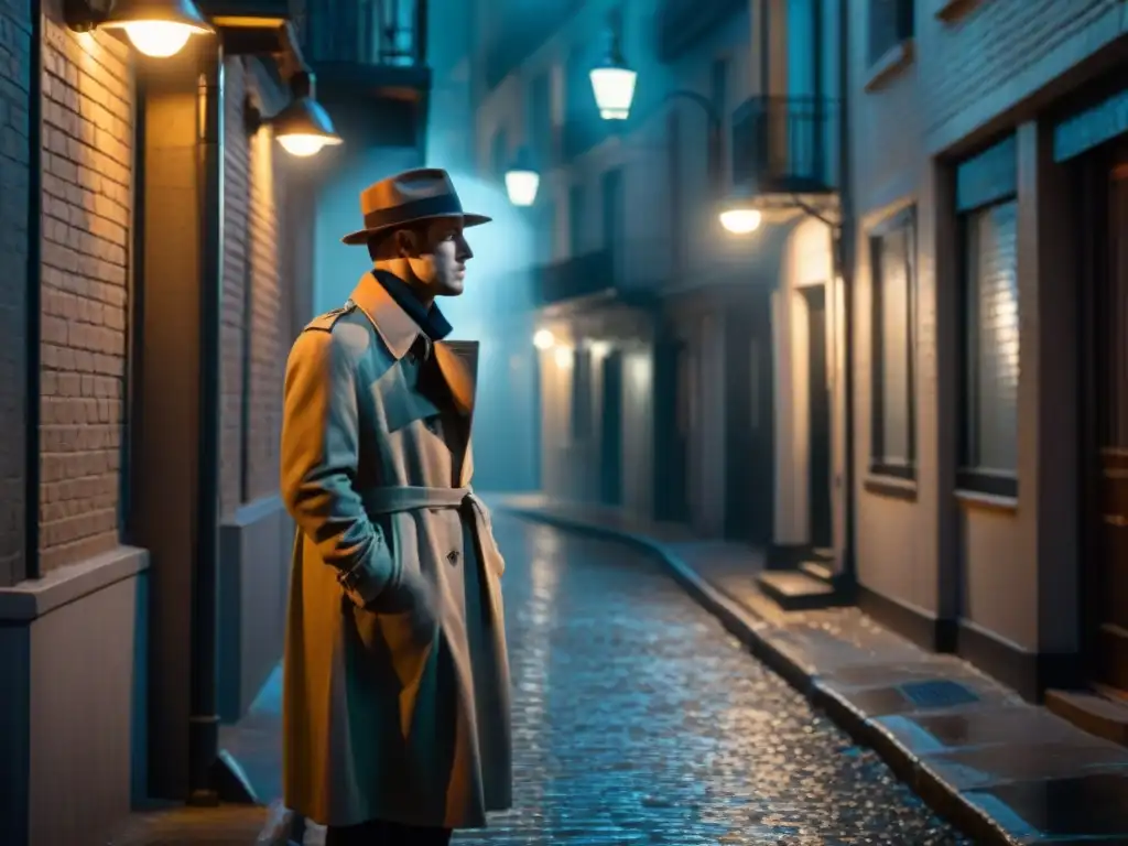 Un misterioso detective en un callejón oscuro de noche, bajo la luz de una farola titilante