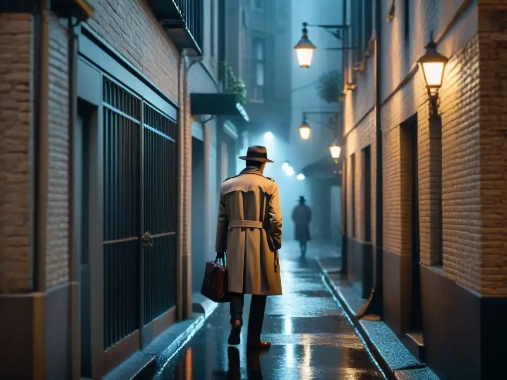Un misterioso detective en un callejón oscuro bajo la lluvia, generando una atmósfera de intriga y suspenso