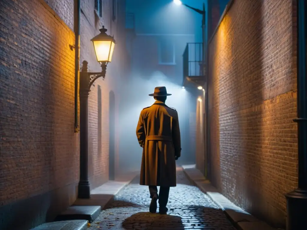 Un misterioso detective en un callejón oscuro, evocando la atmósfera de películas de cine negro