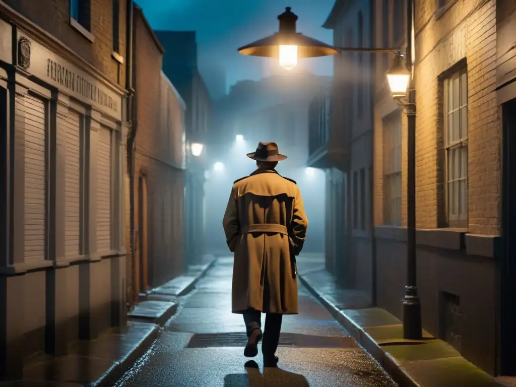 Un misterioso detective en un callejón oscuro, bajo una farola titilante, evocando el suspense del cine noir