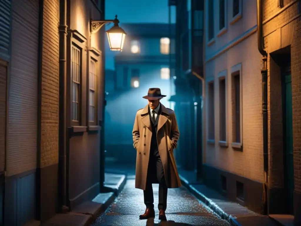 Intrigante escena de cine negro: figura misteriosa en callejón nocturno Un misterioso detective en un callejón oscuro de noche, bajo la luz de una farola