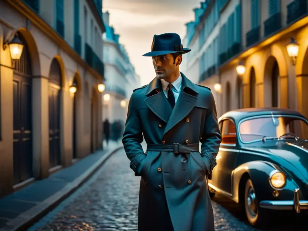 Un misterioso detective en un callejón parisino iluminado por una farola, evolución del género detective en Francia