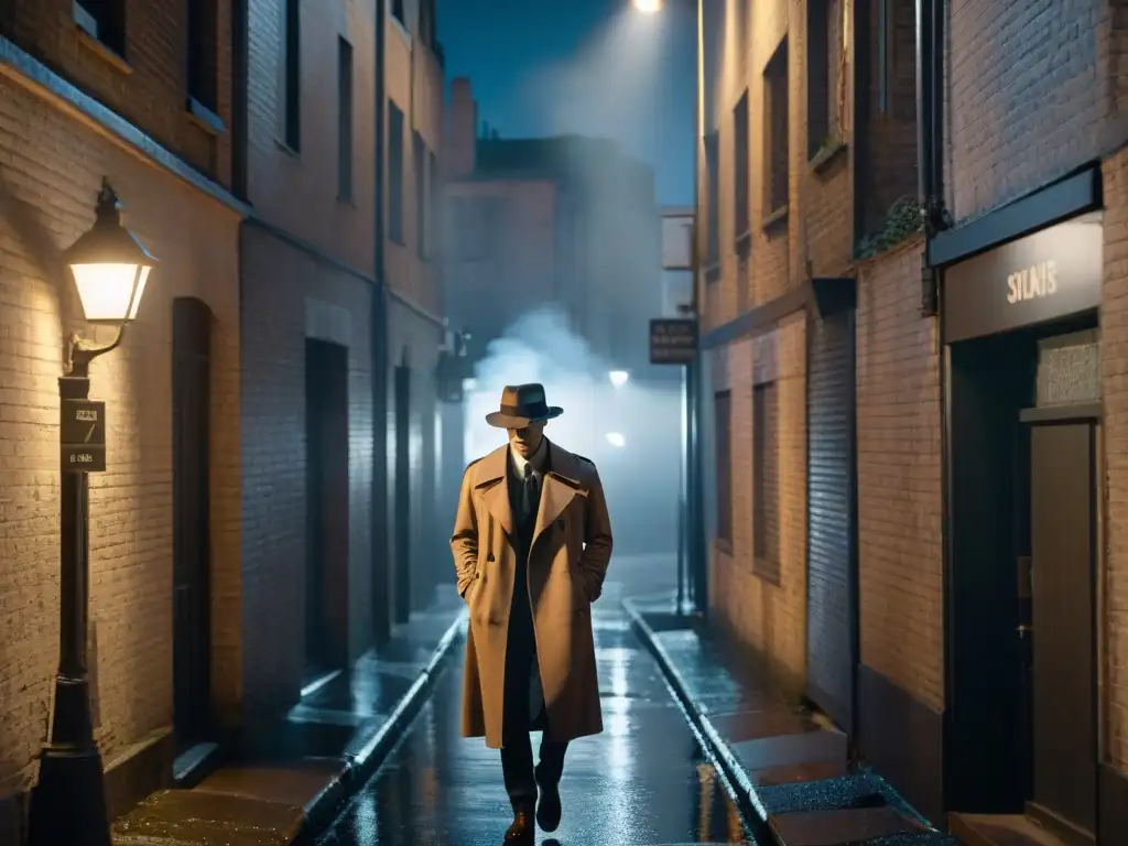 Un misterioso detective en una callejuela iluminada por la luz de la luna, fumando un cigarrillo bajo una farola titilante