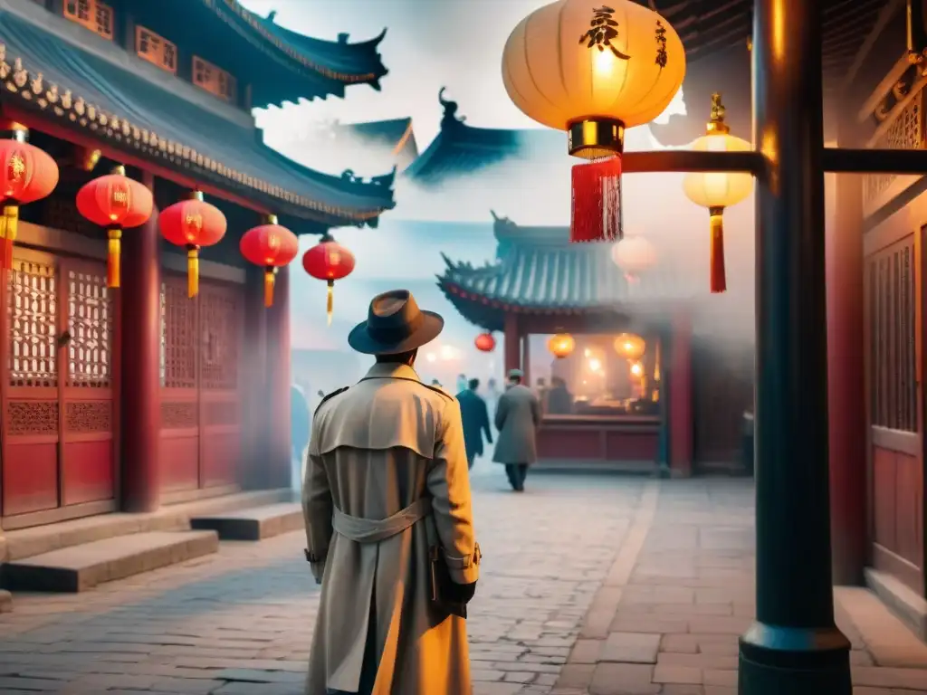 Misterio ancestral bajo farol en mercado chino Un misterioso detective en la China antigua, bajo la luz de faroles y edificios pagoda