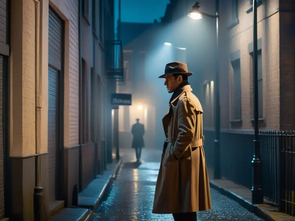 Un misterioso detective en cine y televisión, bajo la luz de la farola en un callejón nocturno