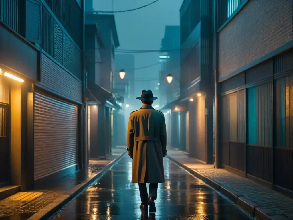 Un misterioso detective en trench coat y fedora bajo la luz de un farol en un oscuro callejón de Seúl, Corea del Sur