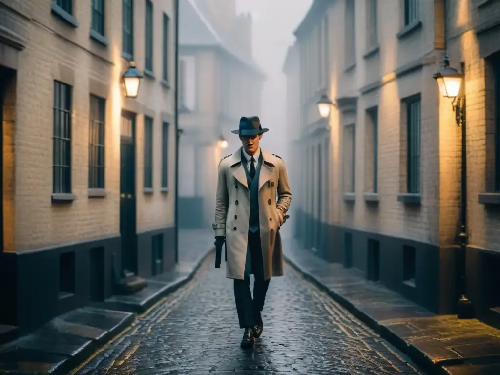 Un misterioso detective en trench coat y sombrero avanza por un callejón de Londres, evocando el cine noir