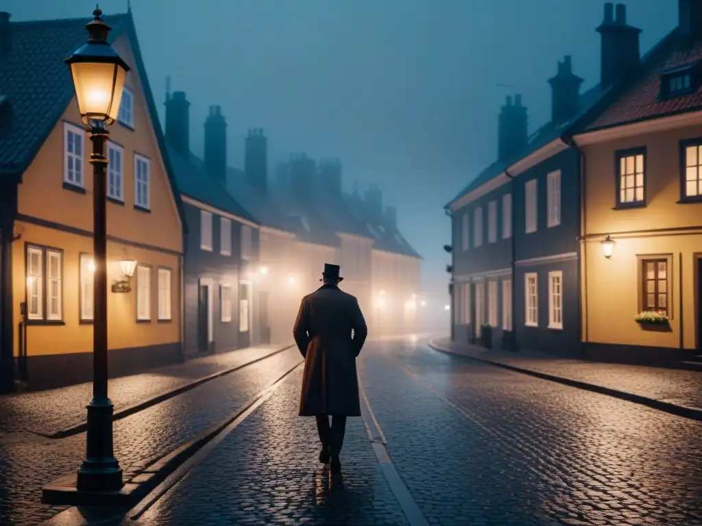 Un misterioso detective escandinavo bajo la luz de la farola en una calle neblinosa, evocando el cine y la televisión de detectives escandinavos