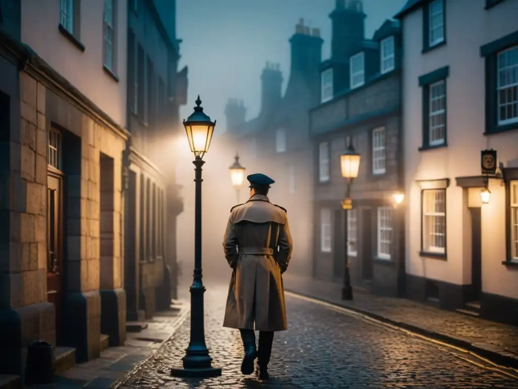 Un misterioso detective escocés bajo la luz tenue de una farola en Edimburgo, Escocia