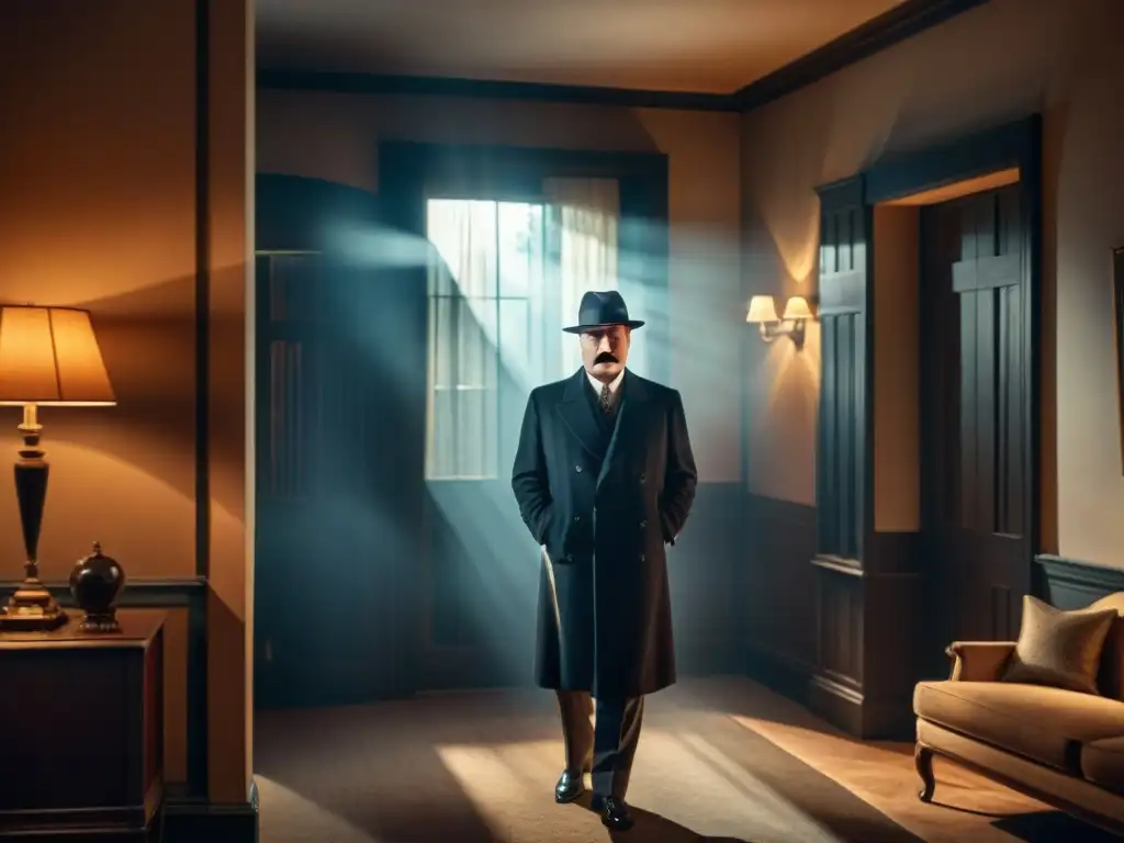 Misterioso detective al estilo Agatha Christie Poirot en escena de cine noir