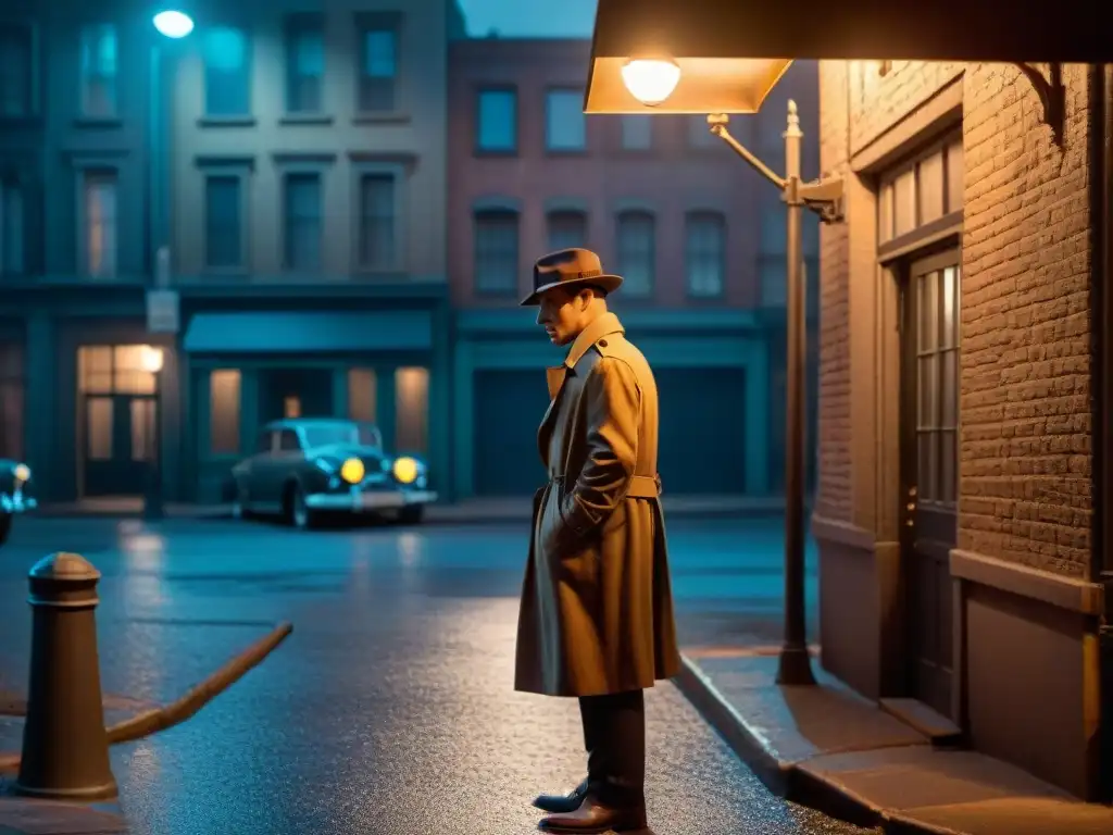 Misterioso detective bajo farola en callejón nocturno, con coche vintage y gadgets de vigilancia detectives cine