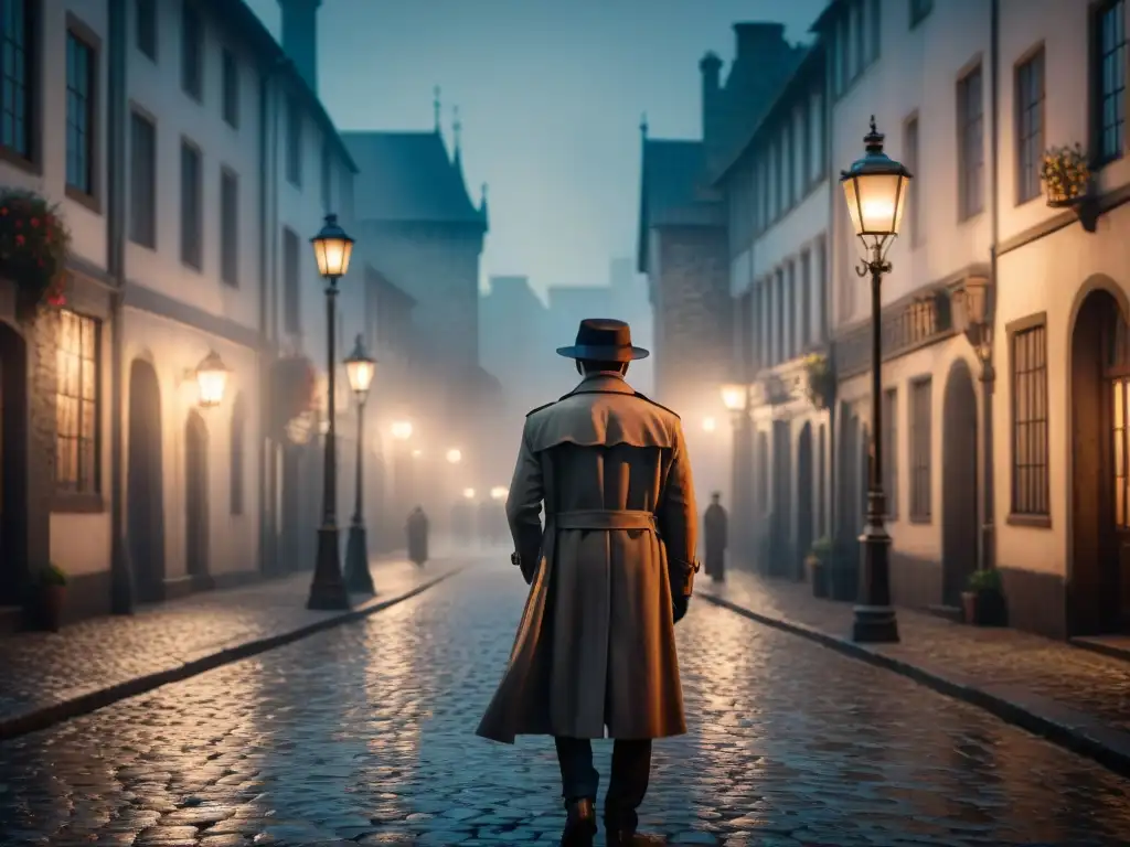 Un misterioso detective bajo una farola en un escenario de fantasía medieval, evocando el ambiente de 'Detectives en cine y televisión'